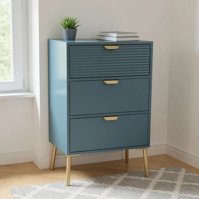 Blue Chest of Drawers Bedside Table Solid Wooden Top  Furniture 3 Drawer - Image 1 of 4