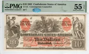 CT-22 152A 1861 $10 Contemporary Counterfeit CSA Paper Money - PMG AU 55 EPQ GEM - Picture 1 of 2