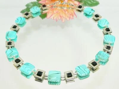 Halskette Kette Perlmutt Quadrate türkis hellblau blau marmoriert  373s - Bild 1 von 4