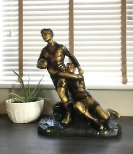 Art Deco Statue Rugby Tackle Plaster Novella in Gold 1930s Figurine - Picture 1 of 8