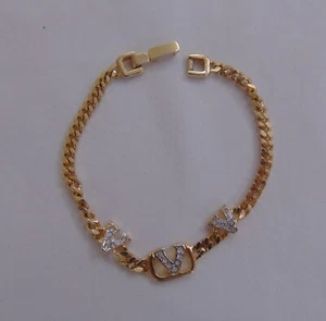 Vintage 1980's Gold Tone Bracelet Faux Rhinestones Initial "V" New #48 - Bild 1 von 5