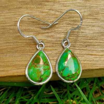 Bonito Verde Cobre Gema Turquesa 925 Plata de Ley Hecho a Mano Pendientes AR-60 - Imagen 1 de 4