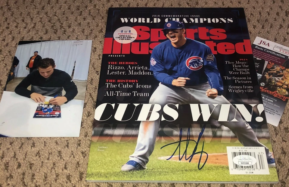 ANTHONY RIZZO FIRMADO DEPORTES ILUSTRADO JSA AUTÓGRAFO PRUEBA EXACTA CACHORROS BÉISBOL Foto 1 de 1