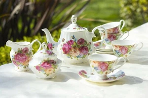 Grace Teaware Rose Butterfly Bone China 11-Piece Tea Set - Picture 1 of 3