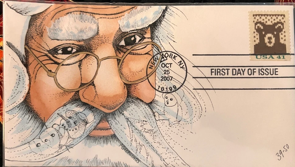 Geerlings Christmas FDC Hand Painted with a single Bear Stamp 2007 50 made - Image 1 of 1