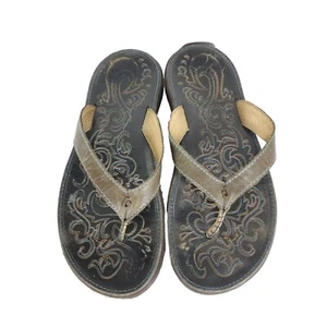 Olukai Women's Paniolo US7 Leather Green Embroidered Insole Thong Sandals Shoes - Picture 1 of 14