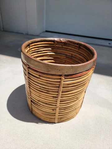 MCM Gabriella Crespi Style Pencil Reed Basket - Brass Trim - Round - 12" x 12" Cover