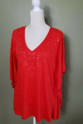 Michael Kors Linen Blend Sequin V Neck Kimono Tunic Top Blouse Orange Boho New S - Image 1 of 4