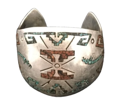 Navajo 1970's sterling Turquoise inlay cuff bracelet with F Stamped inside .925 - Image 1 of 4