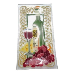 Fused Art Glass Wine Cheese Grapes Serving Cheese Plate Rectangle Signed 8x14" - Picture 1 of 19
