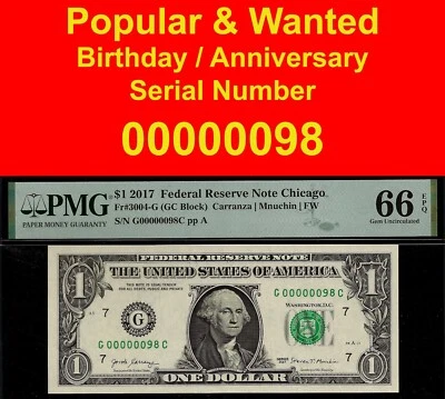 2017 $1 FRN Chicago birthday gift PMG 66EPQ low serial number 00000098 - Image 1 of 4