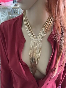 Große klobige Halskette Gold Latz Kette Set lang Y Fransen Lagenlook mit Ohrringen - Bild 1 von 11
