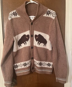 Lands' End Wool Blend Brown Cream Buffalo Bison Cardigan Sweater Boys L 14/16 - Picture 1 of 7