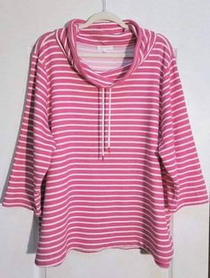 Top Pullover T By Talbots Plus 3X Rosa Blanco Rayas Terry Capucha Cuello Foto 1 de 4