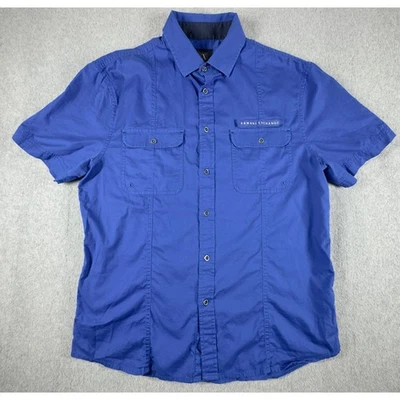 Armani Exchange Button Up Shirt Mens Large Blue Double Pocket Front Short Sleeve - Image 1 of 4