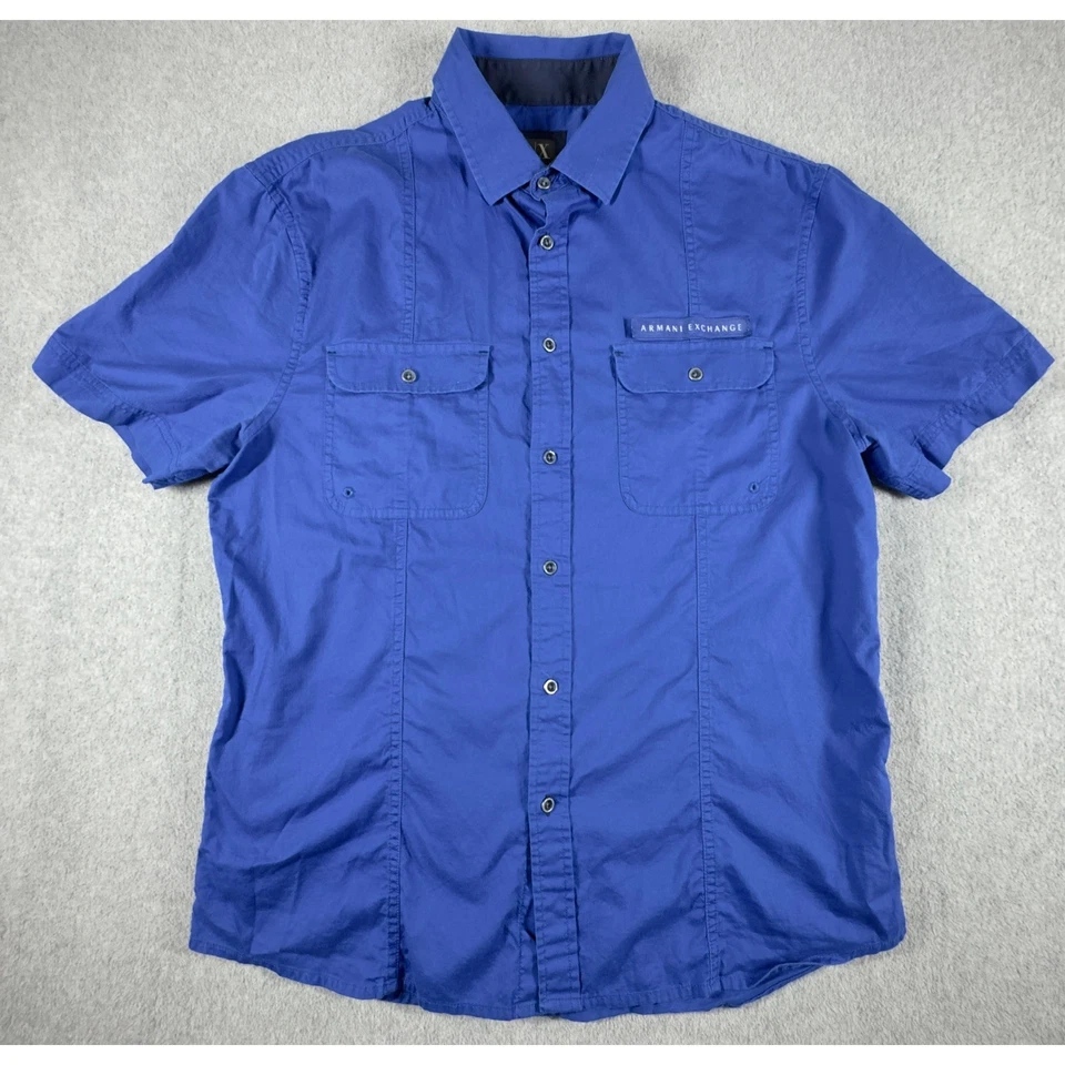 Armani Exchange Button Up Shirt Mens Large Blue Double Pocket Front Short Sleeve - Image 1 of 4
