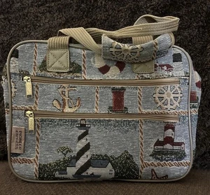 Vtg Pioneer Express Overnight Travel Bag Canvas Nautical Print Lightweight EUC - Picture 1 of 17
