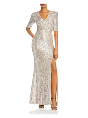 Vestido vaina de noche largo con cuello en V manga puf abertura AQUA FORMAL para mujer Foto 1 de 4