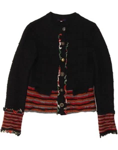 KENZO Womens Crop Cardigan Sweater UK 18 XL Black Striped Wool CU09 - Picture 1 of 3