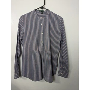 Lauren Ralph Lauren Size M Front Pleats 3/4 Button Up Band Collar Blue Striped - Picture 1 of 9