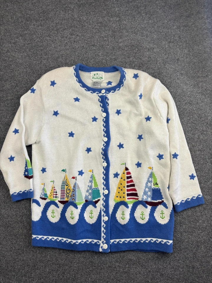 Quacker Factory Sweater Womens Large Nautical Sailboat Blue White Cardigan Stars - Image 1 of 4