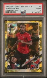 Topps Chrome 2020 UEFA Champions Sapphire Jeremy Doku novato amarillo/99 - PSA 9 - Imagen 1 de 2