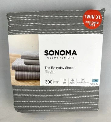 Sonoma 3 Piece 300 Thread Brushed Cotton Gray Striped Sheet Set Twin XL size - Image 1 of 4