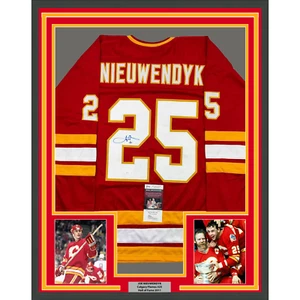 Framed Autographed/Signed Joe Nieuwendyk 35x39 Calgary Red Hockey Jersey JSA COA - Picture 1 of 2