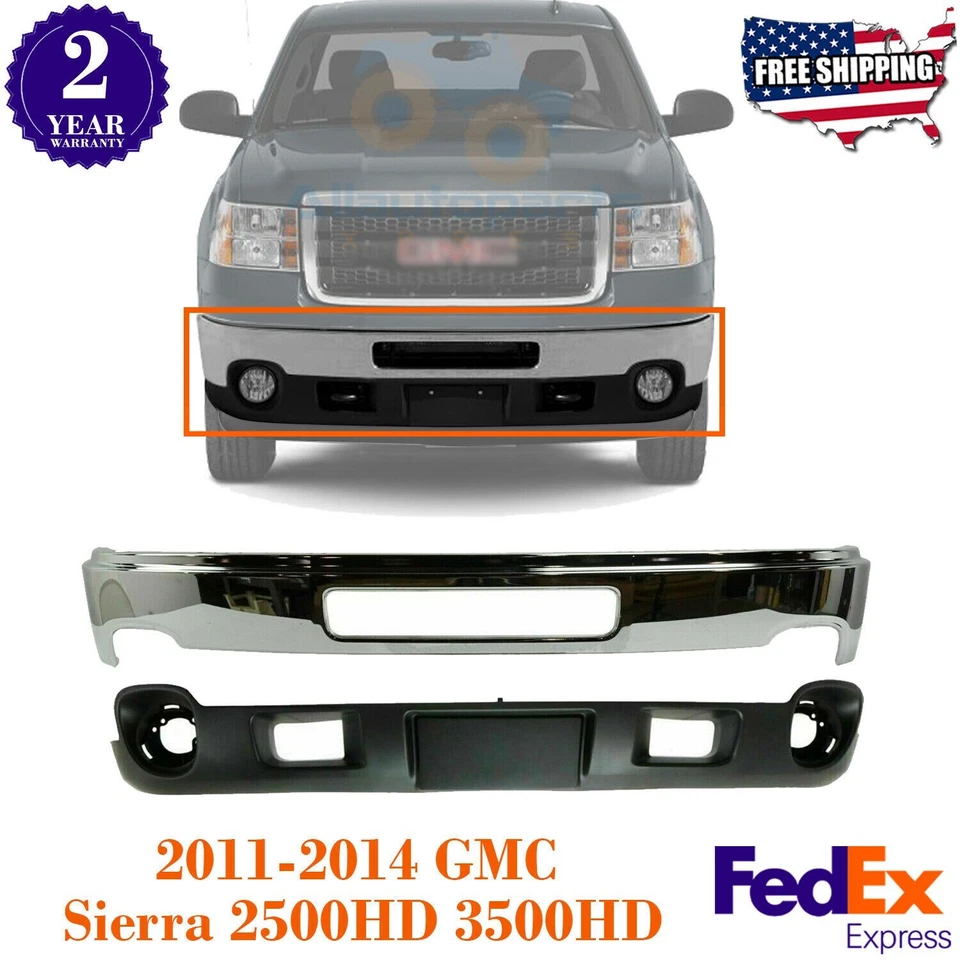 Para-choque dianteiro aço cromado + válvula inferior para 2011-2014 GMC Sierra 2500HD 3500HD - Imagem 1 de 4