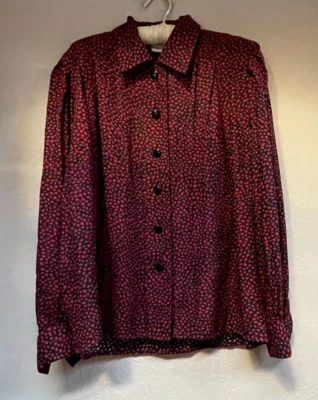 Blusa de seda vintage Oleg Cassini manga abullonada a lunares talla 10 negra roja informal Foto 1 de 4