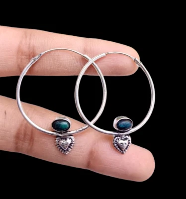 Fire Labradorite Bali Hoop 925 Sterling Silver Plated 1Pair Earrings Jewelry~ - Image 1 of 4