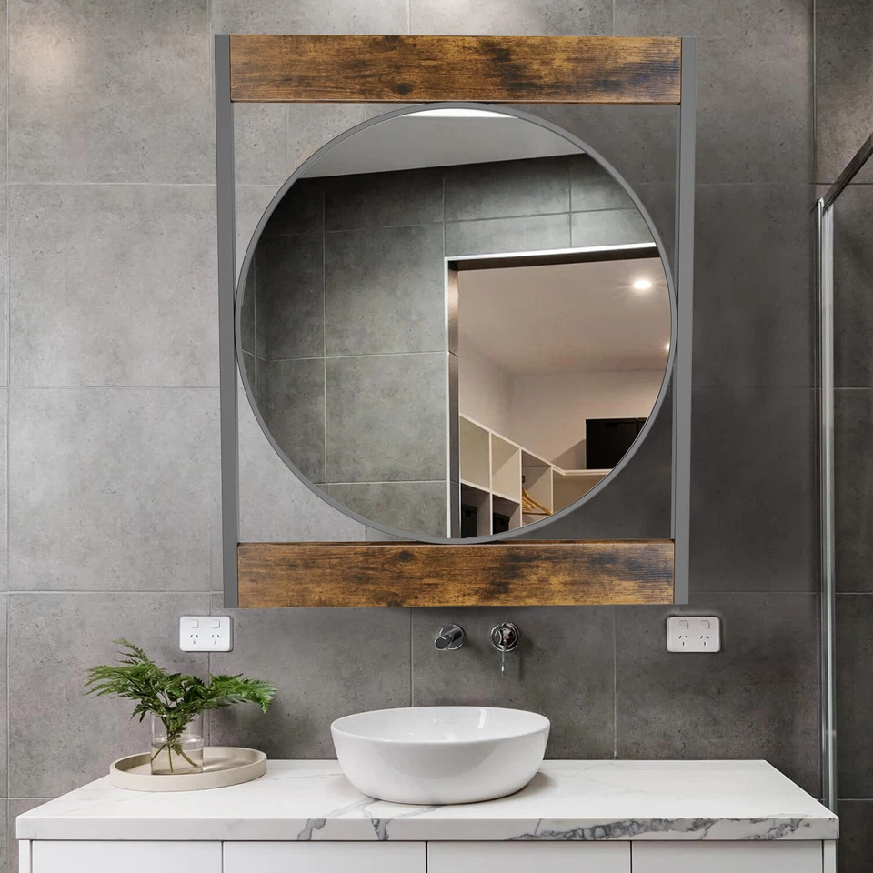 Espejo de baño redondo con marco de madera de granja de 30 pulgadas espejo de acento colgante de pared Foto 1 de 4