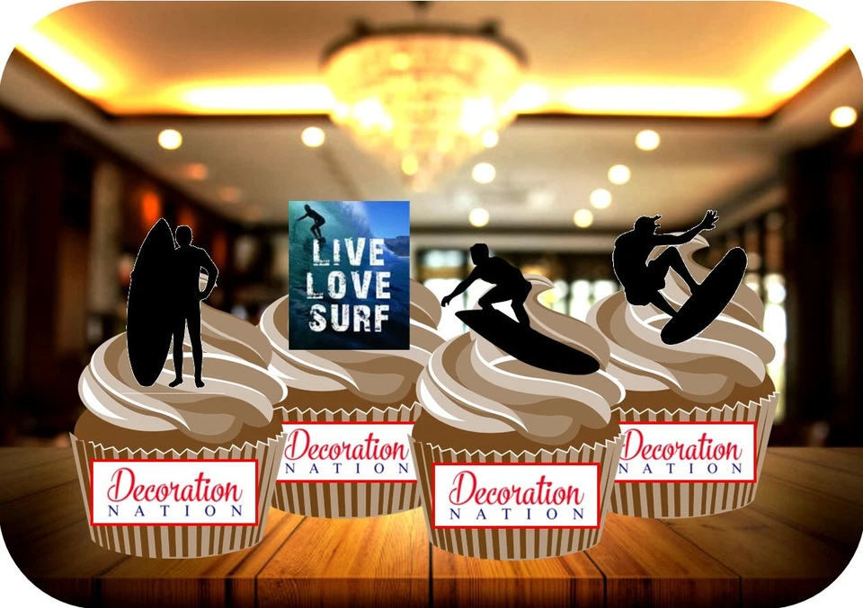 Surfing Mix - 12 PREMIUM STAND UP Edible Wafer Cake Toppers Sea Surf Ocean Fun - Image 1 of 1