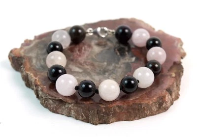 Bracciale in Onice e Quarzo Rosa con Chiusura in Argento 925. MadeinItaly - Immagine 1 di 2