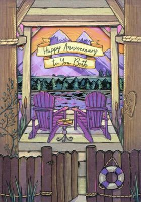Tarjeta de aniversario púrpura Adirondack Chairs Trees Mountain punta en valla 3D Foto 1 de 2