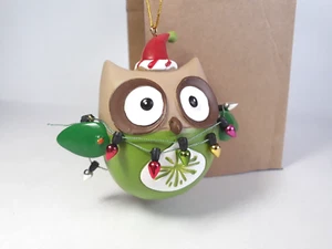 Owl Christmas Ornament Green Brown Faux Lights 4 Inch  - Picture 1 of 6