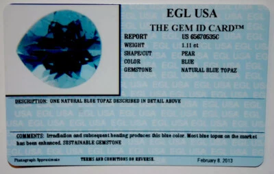 EGL USA CERTIFIED PEAR BLUE NATURAL TOPAZ 1.11CT - Image 1 of 4