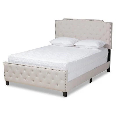 Baxton Studio Transitional Wood Queen Size Beige Button Tufted Panel Bed Foto 1 de 4