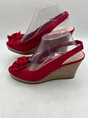 Tacón de tacón de cuña American Eagle para mujer talla 9,5 rojo lona punta abierta sin cordones 85374 Foto 1 de 4