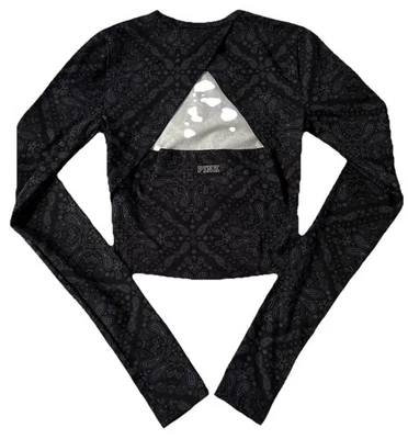 🖤🩶VS ROSA Top Corto de Entrenamiento Manga Larga Sin Costuras-Negro/Estampado Paisley-Talla XS Foto 1 de 3