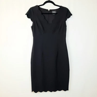 Adrianna Papell Dress 4 Black Scalloped Hem V Neck Babydoll Bodice LBD Cocktail  - Image 1 of 4