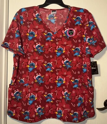 NUEVO CON ETIQUETAS Camisa Médica Roja Disney Puntada de Navidad Cuello en V Talla 3XL Foto 1 de 4
