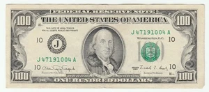 1990 One Hundred Dollar 100 Federal Reserve Note XF Kansas City MO - Picture 1 of 2