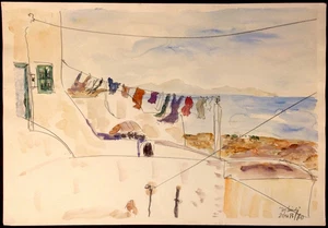 Aquarell „Die Wäsche“, signiert, datiert 20.10.1986 - Bild 1 von 3