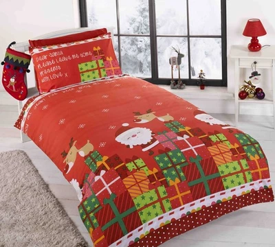 Father Christmas Dear Santa Presents Single Duvet Quilt Cover Bedding Set Red - Image 1 of 4