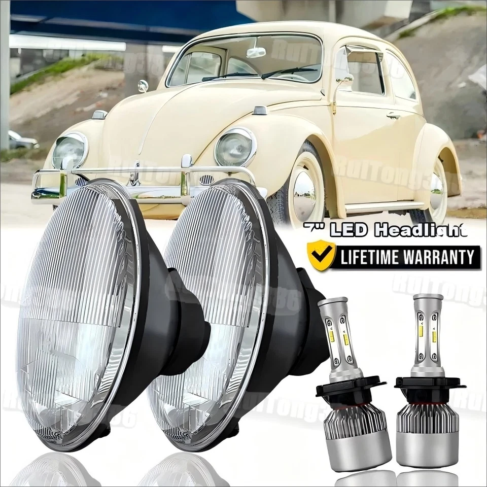 For 1950-1979 VW Beetle Pair 7" Inch Round LED Headlights Hi/Low Beam DRL - Image 1 of 4