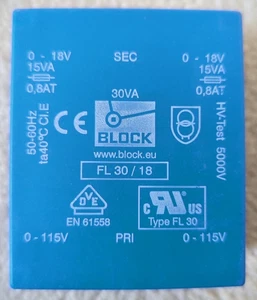Block FL 30/18 30 VA low profile PCB transformer 2 x 115 V to 2 x 18 V - New - Picture 1 of 3