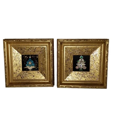 Stunning Vintage Holiday Jewelry Brooch Tree Framed Miniature PAIR Bookshelf Art - Image 1 of 4