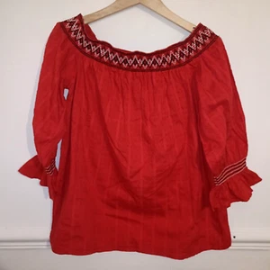 F&F Womens Top Red Size UK 14 100% Cotton Swiss Dot Embroidered Off Shoulder - Picture 1 of 10
