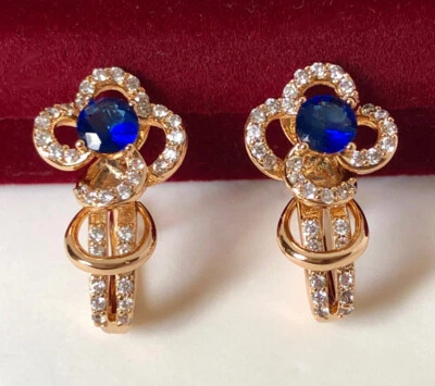 Luxus Ohrringe Creolen mit Zirkonia Kristallen Blau 750 Gold 18K Gold vergoldet - Bild 1 von 4